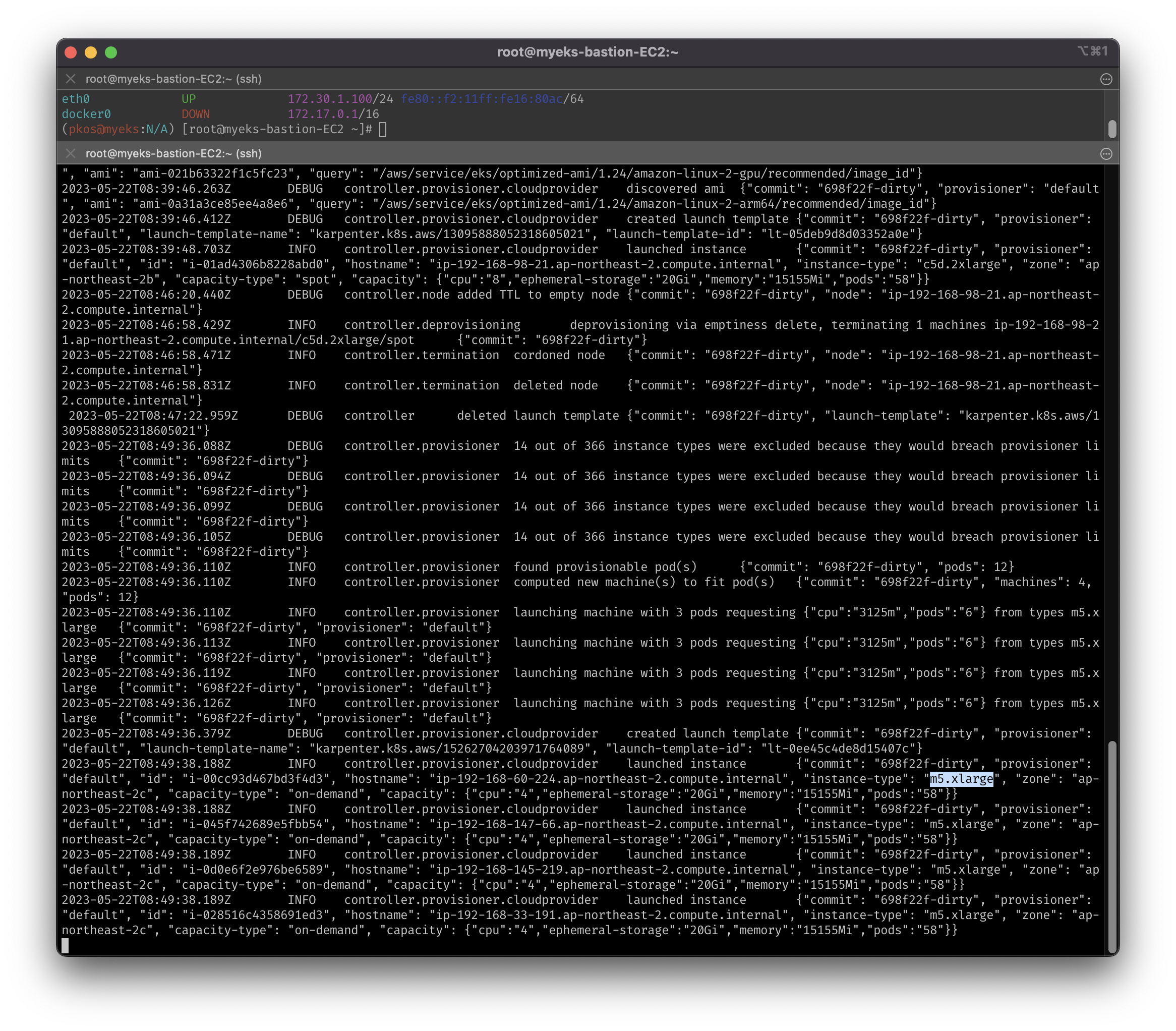 karpenter-creates-4-m5-xlarge-nodes-in-logs