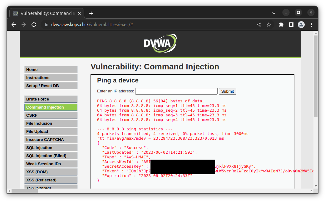 Get EC2 IAM Role success in DVWA Low Command Injection with IMDSv2