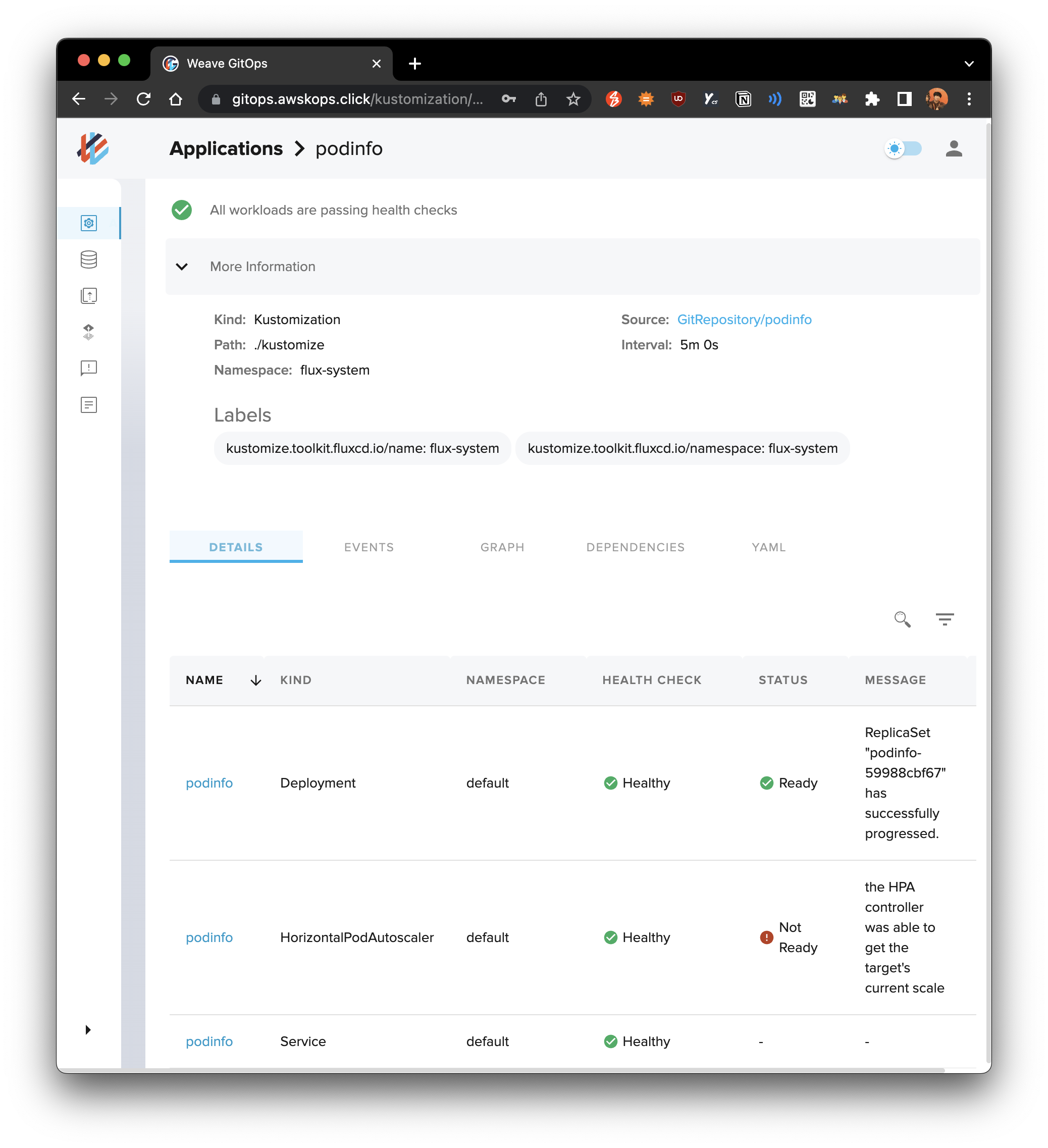 health check in GitOps dashboard