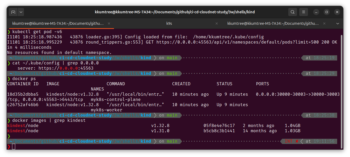 check kubeconfig and kind nodes